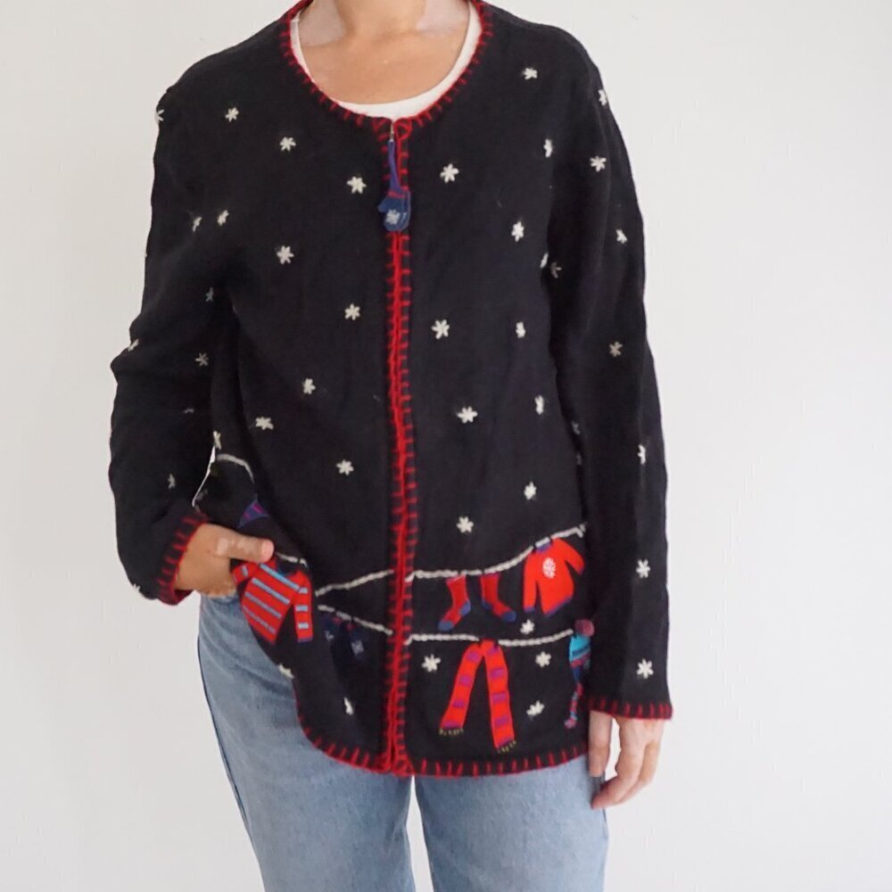 Vintage Coldwater Creek Navy Snowflake Cardigan Festive Holiday Mittens L